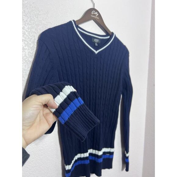 Nautical Fisherman Sweater Jones Of New York Knit V Neck Navy Tennis Nautical - Picture 2 of 7